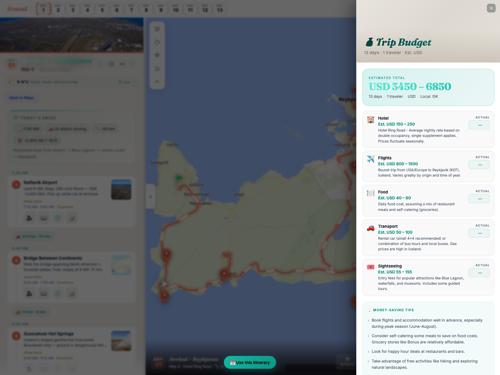 Travel Group panel showing travelers with role badges and the expense splitter