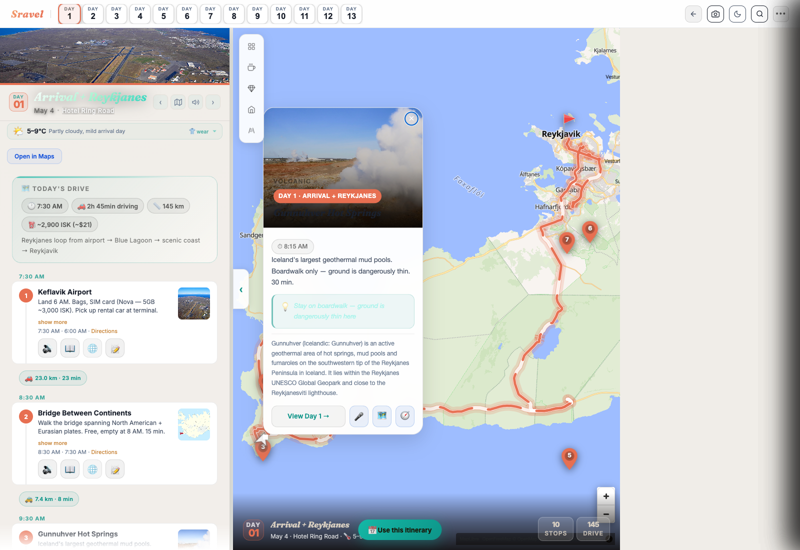 13-day Iceland route, planned in 40 seconds.